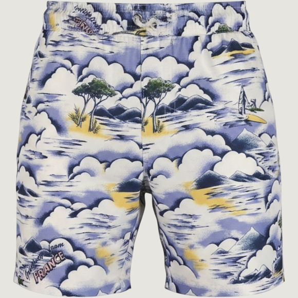 Lacoste Other - Lacoste Mens Greetings From France Graphic Print Swim Trunks Blue White Small